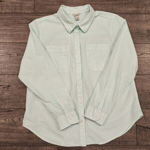 LL Bean Womens White /Mint Green Striped Long Sleeve Shirt Button Up Size Medium